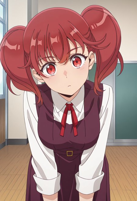 highres, best quality, masterpiece, indoors, school,
anime screencap,
1girl, solo, edmfkoma, twintails, red hair, red eyes,
school uniform, collared shirt, white shirt, red ribbon, long sleeves, brown dress, purple dress, pinafore dress,
looking at viewer, head tilt,
leaning forward, 
<lora:_koma_otaku_elf-elesico-ilxl:1>