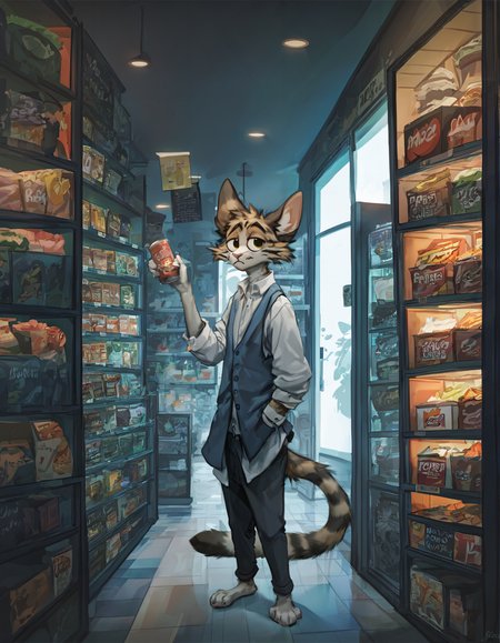 source_furry,  Furry cat with grey and black fur, wearing cream colored pants, white shirt and blue vest, stocking the shelves with canned food, box of canned food on the floor, corridor of shelves, white tiled floor, fluorescent lighting,  interior of a Walmart store, tail, bored expression,   <lora:Jacato_Style_Pony:0.8>, score_9, score_8_up, score_7_up, score_6_up, score_5_up,