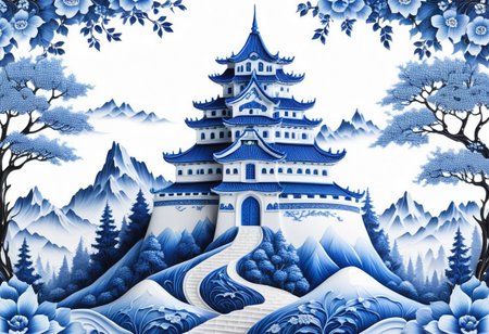 porcelain castle  in Bluepatternporcelain, detailed calligraphy ornament, 
mountain forest meadow background,