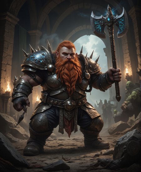 JibDw@rf This is a highly detailed digital artwork depicting a dwarf warrior (Gotrek) swinging his battle axe in a battle fantasy setting, rendered with incredible attention to detail and dramatic lighting. The character dominates the foreground, portrayed in a dynamic pose while wielding a massive double-headed battle axe with ornate decorations. The dwarf's most striking feature is his vibrant orange-red hair and beard, styled in an elaborate warrior fashion. His beard is meticulously braided into thick plaits adorned with metal rings and skull decorations. Atop his head is a distinctive mohawk-style crest,  fierce and unconventional appearance. His ears appear pointed or adorned with pointed decorations, adding to his exotic warrior appearance. His armor is a masterwork of fantasy design, combining brutal functionality with ornate aesthetics. The shoulder pauldrons are adorned with threatening spikes, while other parts of his armor feature intricate blue-glowing runes or tattoos that seem to pulse with magical energy. These mystical markings create a striking contrast against the dark, battle-worn metal of his armor. Chains drape across portions of his armor, adding to the warrior's imposing presence. The dwarf's weapon is particularly noteworthy - a massive double-headed battle axe that appears to be nearly as tall as he is. The axe features elaborate engravings and designs along its surface, with similar blue-glowing runes or energy patterns matching those on his armor. The weapon's handle is wrapped in leather or similar material for grip, and its overall design suggests both ceremonial significance and lethal functionality. The scene's lighting is particularly dramatic, with warm, golden light (possibly from torches) illuminating one side of the character, while a cooler blue light source from the background creates an effective contrast. This lighting setup enhances the three-dimensional quality of the image and adds to its cinematic feel. In the background, and all around are what appear to be enemies or adversaries.lots of small orc's or similar creatures with green skin and an aggressive expression, wielding what appears to be a knife or daggers. The background setting suggests a dark, stone-walled interior, possibly a dungeon or fortress, with architectural elements visible in the shadows. The overall composition creates a sense of imminent action or combat, with the dwarf warrior positioned as if ready to engage in battle. The quality of the rendering is exceptional, with fine details visible in everything from the individual hairs of the beard to the textures of the metal armor and the intricate patterns of the glowing runes. The image successfully combines traditional fantasy dwarf elements (the elaborate beard, heavy armor, and battle axe) with more contemporary or unusual touches (the orange mohawk), creating a character that feels both familiar and unique within the fantasy genre. The technical execution of the artwork, particularly in terms of lighting, texture, and detail, suggests this is likely from a high-end video game or professional digital art piece.