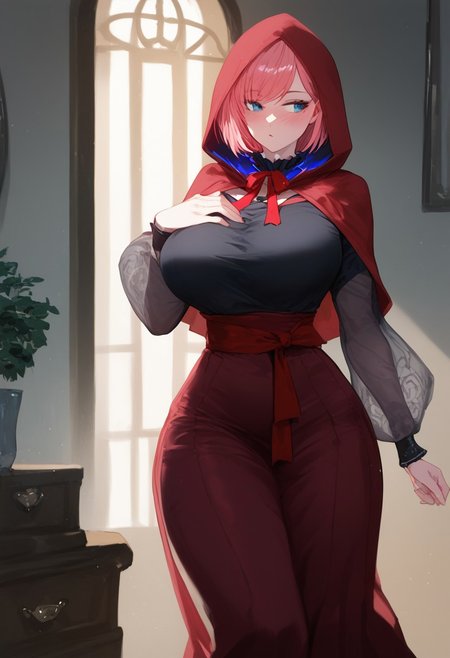 (score_9, score_8_up, score_7_up, high quality, best quality, ultra-detailed, very aesthetic, illustration, perfect composition, intricate details, absurdres, high res image, masterpiece, vibrant colors, beautiful face, detailed face, 1girl, solo focus, perfect eyes, detailed eyeshand, perfect hands), female, pink hair, medium hair, bob cut, swept bangs,  blue eyes, pale skin, thick thighs, perfect body, voluptuous, huge breasts, curvy body, narrow-waisted, wide hips, (luiThird, red hood, hooded cloak, black shirt, frilled collar, long sleeves, see-through sleeves, neck ribbon, long skirt, high-waist skirt, red skirt, cross-laced side slit, red sash, grey socks, black footwear, loafers), (blushing, looking away, hand on chest), (indoors, bedroom)