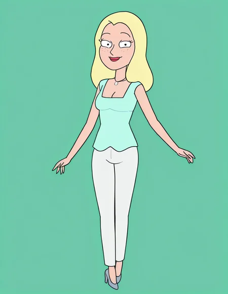 <lora:DianeIllustrious1.0JLFO:1> diane, 1girl, blonde hair, solo, freckles, long hair, necklace,breasts, cleavage, aqua shirt, smile,looking at viewer, full body, high heels,  simple background, pants,