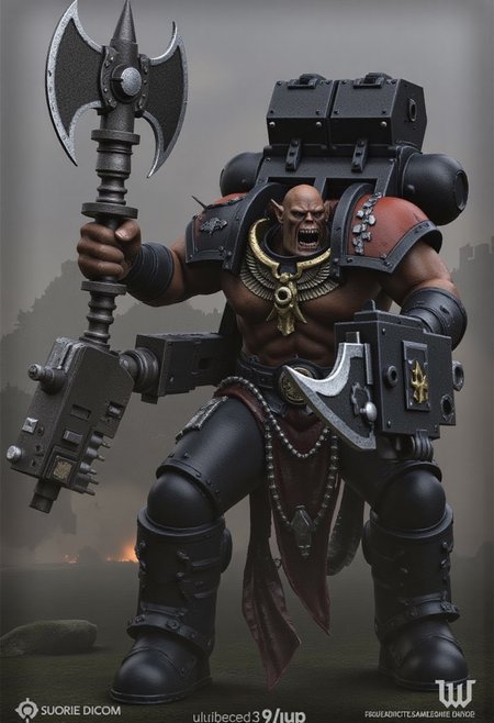 Score_9_up, absurdres, source: GamesWorkshop, grimdark, gothic horror, Warhammer 40000, a snarling ork is waving an axe in one hand and firing a machinegun in the other, lifelike, hyperrealism, perfect hands, perfect anatomy, project unreal engine