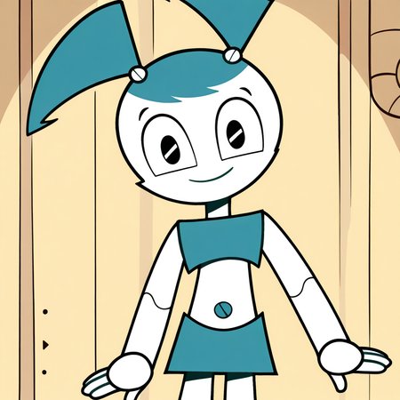 (masterpiece), (best quality), absurdres, intricate details, highres, <lora:XJ9_ILLUS_2:1> , xj1, 1girl, twintails, jenny wakeman, robot,  robot, android, robot joints,  crop top, skirt, looking at viewer, black eyes, smile, no nose
