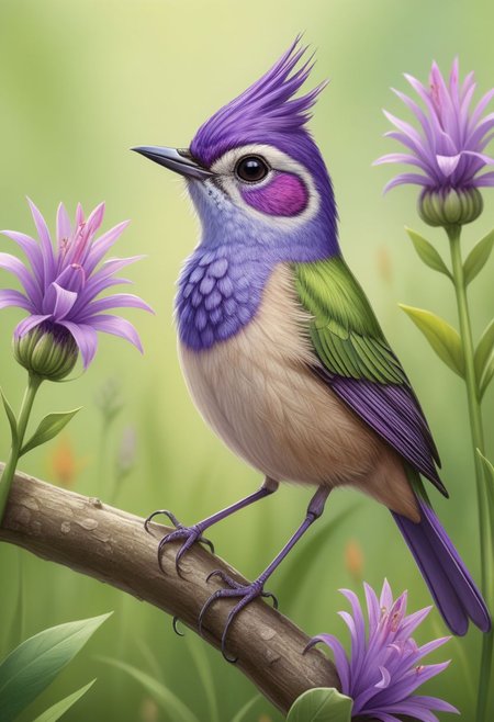 A charming illustration of a Violet-crowned nymph, with a touch of anthropomorphic fur that adds a playful and cute twist to the bird's natural appearance. The Violet-crowned nymph has bright, cheerful colors and a wide, friendly smile, revealing its small, sharp beak. The fur adds softness to the bird's features, making it even more adorable. The background is a picturesque meadow filled with colorful flowers, creating a whimsical and enchanting atmosphere.