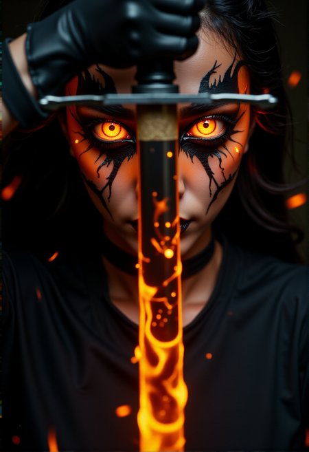 Horror-themed сlose-up. The battle witch. (katana flaming sword in front of you, shiny metal:1.3). (black gaping eyes, fire in the eyes:1.2). (black-fire pupils:1.2). Black veins, black lips and black mouth paint. Pale gray face, pale dry lips. Glare, flying particles of flame and embers. Scary and mystical atmosphere.
 <lora:DarksunRiddV4:1> 
<lora:New_Fantasy_CoreV4_FLUX:1>
 <lora:FL-bailing-24-0906Fire Spirit:0.7> bailing_fire, A girl made entirely of flames stands. Eerie, unsettling, dark, spooky, suspenseful, grim, highly detailed
