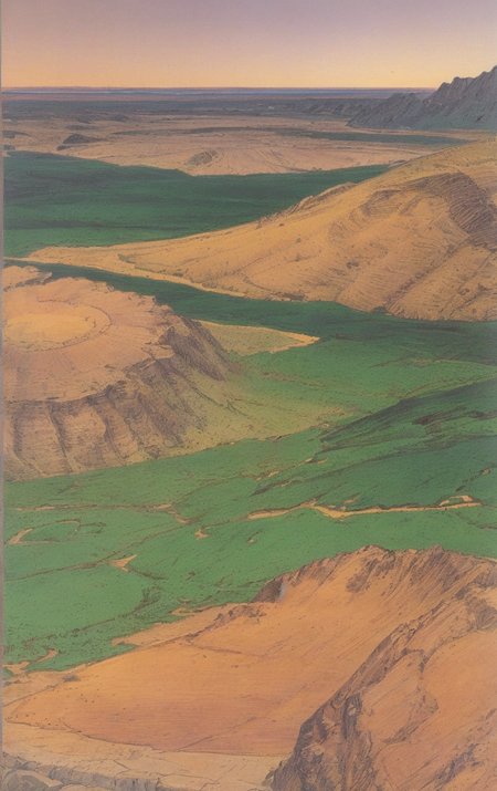 artwork <lora:Moebius:1>, Full Shot of landscape with Earth Colors at noon