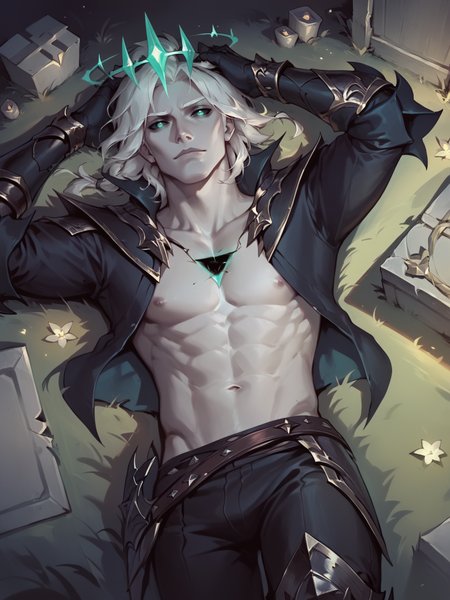 score_9, score_8_up, score_7_up, BREAK, Viego, 1man, solo, white hair, emerald halo crown, black wound in chest, high collar, short black jacket, black armored gauntlets, black pants, black armored boots, hands in hair, rolled eyes, night graveyard, lying on a tombstone, Concept Art <lora:ViegoNormal:1>  <lora:Concept Art Twilight Style SDXL_LoRA_Pony Diffusion V6 XL:1>