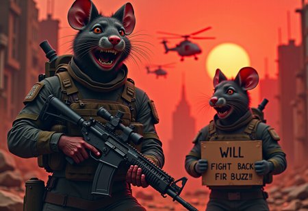 A realistic picture of squad RAT and mouse army operator standing  ready for battle,  one of them holding a cardboard sign that reads "will fight back for buzz!". the other Black cat operator standing holding assault rifle, with modern army black tactical suit, Overhead shot of the iconic black muscular rat reimagined as a battle-hardened American on prone in the ruined city in . the red rat army dressed in rugged military gear with a tactical helmet with open mouth shouting "For buzz!!" , holds a bazooka with a determined yet perpetually unimpressed expression. The ruined city after war around him is dark and foreboding,  In the background, black smoke of burned tank,  black hawk helicopter soar above the building their silhouettes barely visible through the smoky, war-torn red sky at Sunset. mouth is wide open,