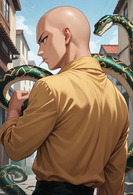 score_9,score_8_up,score_7_up,score_6_up,score_5_up,source_anime, back view,1man, saitama, bald, brown eyes 30yo, standing, one hand ready to strike , clenched fist, bored, snake, snake on shoulders,