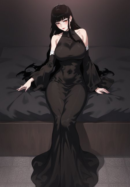 zPDXL3, score_9_up, score_8_up, score_7_up, (Anime_source),Masterpiece,(perfect female body:1.2), small waist,(incredibly detailed:1.4), slim, beautiful fingers, beautiful white skin, Beautiful clear skin, perky breasts, looking at viewer, ass, perfect ass, (large breasts:1.3) (huge breasts:1.1)  <lora:Alisha_-_The_Priest_of_Corruption_Kaleid_PONY:0.8> alisha, 1girl, black hair, long hair, red eyes, bangs, mole under eye, thick thighs, black dress, long dress, covered navel, sitting,