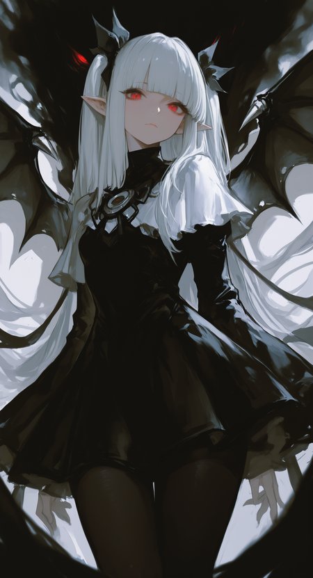 masterpiece, best quality, good quality, very awa, very aesthetic, absurdres, newest,  a-bao a qu the lightless shadow, bat wings, black dress, black pantyhose, black ribbon, blunt bangs, dress, duel monster, long hair, pantyhose, pointy ears, red eyes, ribbon, white hair, wings <lora:ponyv6_noobV1_2_adamW-000017:0.7> <lora:USNR_STYLE_XL_lokr:0.45> <lora:EtherSDXL:0.15> <lora:745cmSDXLvpred75S:0.6>