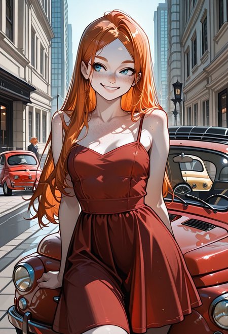 masterpiece, best quality, 32k, high resolution, absurdres, dynamic lighting, HD32k, masterpiece,fiat 500, fiat500, Ginger, GingerRH, Very long ginger hair, straight hair, parted bangs, freckles, chest freckles, blue eyes, pale skin, small breasts, , red dress, vintage dress, leaning next to the car, outdoor, street, city, fiat500, red car, car, front view,  smiling,