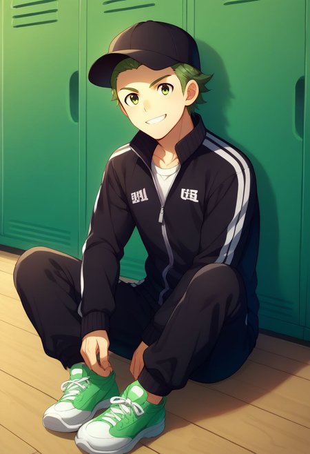 score_9, score_8_up, score_7_up, source_anime, highly detailed, 
mitarai, male focus, 1boy, solo, green hair, green eyes, smile, jacket, track jacket, track suit, black tracksuit, hat, baseball cap, sneakers, sit,
indoor, backstage,