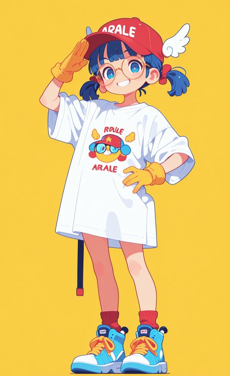 masterpiece,best quality,amazing quality, 
 Arale,
1girl, solo, looking at viewer, smile, short hair, blue eyes, simple background, shirt, gloves, hat, twintails, standing, blue hair, white shirt, full body, short sleeves, shoes, socks, glasses, grin, arm up, hand on own hip, sneakers, t-shirt, short twintails, yellow background, red headwear, baseball cap, clothes writing, round eyewear, blue footwear, salute, print shirt, oversized clothes, yellow gloves, winged hat, red socks, oversized shirt, haiz_ai, in the style of cknc,
Flatline, Flat vector illustration <lora:ponyv6_noobE11_2_adamW-000017:0.3> <lora:checkpoint-e18_s306:1.5> <lora:ck-nc-cyberpunk-IL-000011:0.6> <lora:haiz_ai_illu:0.7>