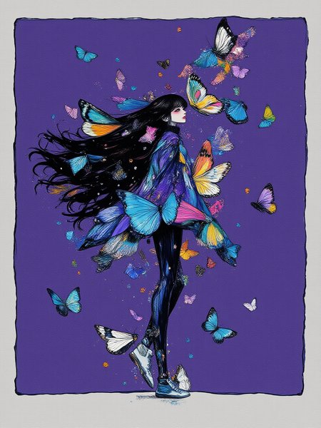 An illustrated image of a woman walking on an ancient cobblestone street, with holographic butterflies fluttering around her.  background is wisteria violet <lora:Midjourney_Whisper_BrushPulse_v01:0.7>, border is charcoal grey <lora:inkedgemono-simple_epoch-08:0.9> 1NK3D63SIM <lora:Midjourney_Whisper_Minimal:0.9>
| no deformed hands, no too many limbs, no too many fingers,