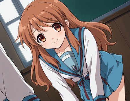 score_9, score_8_up, score_7_up, source_anime,
mikuruasahina,  <lora:mikuru-asahina-s1-ponyxl-lora-nochekaiser:1>,
mikuru asahina, long hair, brown hair, brown eyes,
skirt, long sleeves, school uniform, serafuku, sailor collar, blue skirt, blue sailor collar, winter uniform, kita high school uniform,
indoors, classroom, bent over, smile,
looking at viewer, dutch angle, cowboy shot, solo,