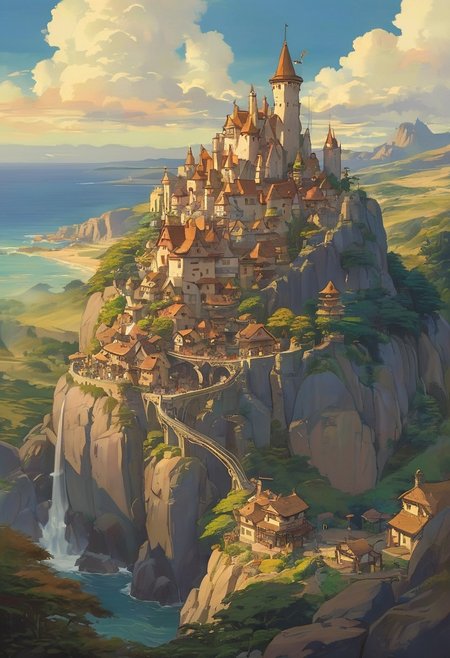 (studio ghibli drawing), (studio ghibli painting),best quality, masterpiece, extremely detailed,  professional  art,  professional painting, an extremely delicate and beautiful, dynamic,  great lighting, perfect shading, professional shading, depth of field,   side soft light, elegant, gorgeous, highly detailed,   full shot, uncropped,   pure genious, absolutely perfect,  highly detailed, breathtaking,  a giant and sheer cliff face with a town built into it, lots of different dwellings, fantasy, sunset