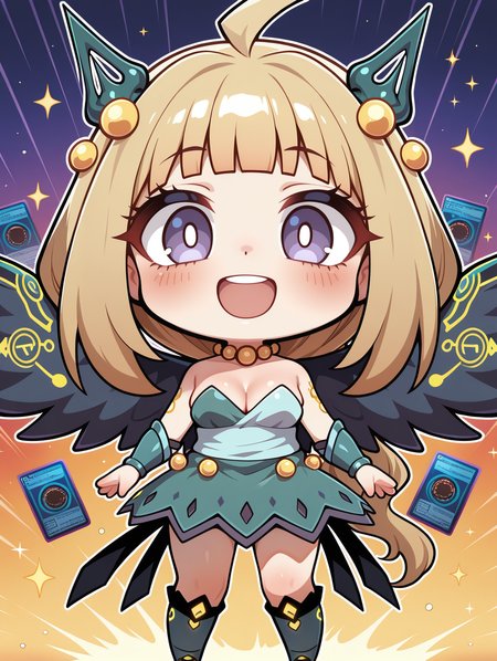 hugin the runick wings, 1girl, solo, smile, :d, open mouth, teeth, standing, green strapless dress, looking at viewer, blush, full body, small breasts, yellow necklace, chibi, green knee boots, cleavage, medium breasts, minigirl, green hair ornament, yugioh card, green vambraces,yu-gi-oh!, 
masterpiece,best quality,amazing quality,very aesthetic,absurdres,newest,<lora:Hugin the runick wings illuXL v1:0.75>,