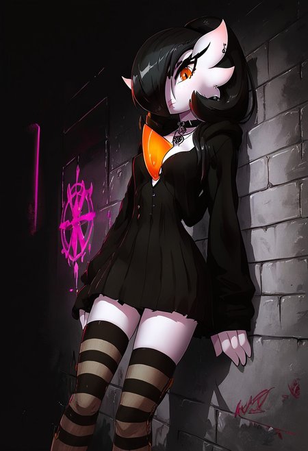 (((gardevoir))), female, black hair, ponytail, pale skin, (score_9, score_8_up, score_7_up), 1girl, 20 year old, long black hair, hime cut, perky breasts, cleavage, pretty face, looking at viewer, brown eyes, light freckles, oversized hoodie, black skirt, striped thigh-high socks, gothic boots, leaning on wall, detailed background, hidden area, volumetric lighting, vivid colours,  g0thicPXL, glowing, neon, portrait shot, face focus,