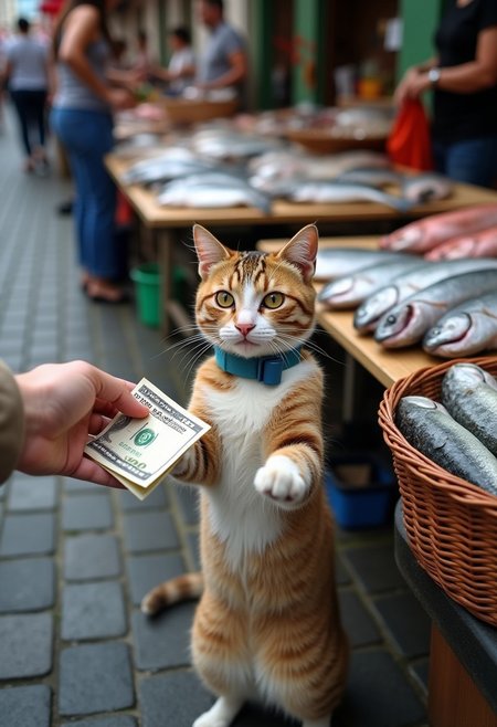 This photograph captures a humorous and heartwarming scene at an outdoor market. The central subject is a tabby cat with a mix of brown and white fur, sporting large, round, yellow eyes and a curious expression. The cat is standing on its hind legs, holding a blue collar around its neck, and extending its front paws as if offering a service. In the foreground, a human hand is extending a bundle of US dollar bills towards the cat, suggesting a transaction. The cat's demeanor is playful and engaging.
The background reveals a bustling market scene with a variety of fresh fish displayed on wooden tables. The fish are laid out neatly, with some still glistening from the water. To the right of the cat, there is a wicker basket filled with more fish, indicating a plentiful supply. The cobblestone pavement beneath the tables adds a rustic texture to the setting. Other market vendors, dressed in casual attire, can be seen in the background, contributing to the lively atmosphere. The overall color palette is a mix of natural tones from the fish and the cat's fur, complemented by the vibrant blue of the cat's collar and the green of the wicker baskets.