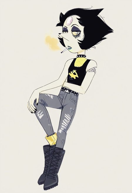 dsk_death, 1girl, solo, pearl, black hair, choker, nail polish, black tank top, yellow star shirt, cargo pants, midriff, lipstick, makeup, belt, spiked hair, black boots, makeup,  BREAK zPDXL2, smoking, gothboots, boots with straps, knee high boots, ripped jeans, 