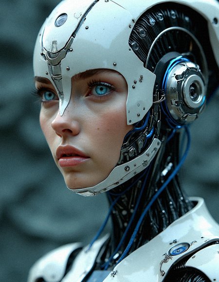 Imagine a hyper-detailed portrait of a female android with meticulously crafted cybernetic features, integrating advanced materials that exhibit both strength and flexibility. Her face is a blend of human softness and mechanical precision, with metallic components and intricate wiring interwoven into her skin. Her eyes, shaded with a deep blue, glow with a subtle but intense light, reflecting intelligence and a sense of purpose. Her head and neck are adorned with silver and blue metal plating that is sleek, polished, and connected by thin, woven wires. Along her jawline and forehead, micro-wires are elegantly arranged, hinting at both functionality and beauty. The background showcases a highly textured, carbon-fiber-like material with wave-like patterns, symbolizing the advanced technology that is part of her being. These textures seem to merge with her armor, suggesting a seamless fusion of body and material. The lighting emphasizes the curvature of her metallic parts, casting gentle shadows that bring depth to her features. This image represents a futuristic concept where artificial beings embody both strength and grace, transcending the traditional boundaries of human and machine.
