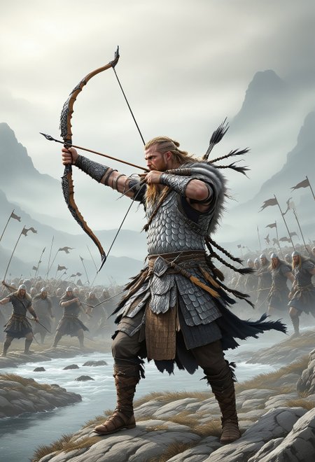 Sinoink VALHERO a viking archer wearing snake holding bow at the battle of ragnarok