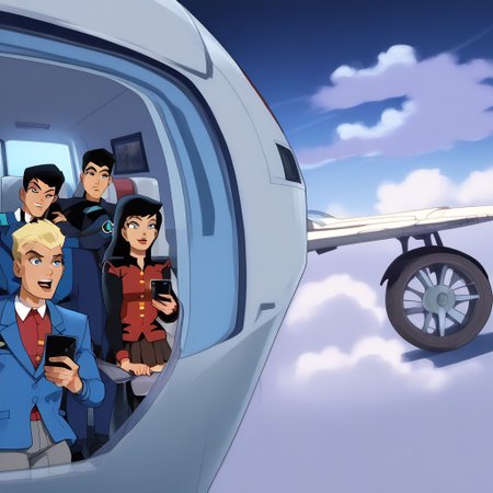 score_9, score_8_up, score_7_up, score_6_up, masterpiece, top-quality, full-color，very detailed, high detailed texture, Clear facial features

Multiple people sat in their seats filming out the window with their phones，(1 girl 3 man)，sit on the seat，Look out of the porthole，Smartphone, (Hold up your smartphone and shoot:1.3)，

lois lane，1girl,long hair，black hair，red suit, pleated skirt, brown skirt,sit down，sit on the seat，Smartphone shooting，<lora:Lois_Lane:0.8>
BREAK
nightwing，1man，black hair，blue eyes，Blue shirt, gray pants，sit down，sit on the seat，Smartphone shooting，<lora:Nightwing:0.6>
BREAK
Jimmy, 1boy，short hair, black hair, black eyes,blue jacket, shirt, jacket, red shirt, long sleeves, pants,sit down，sit on the seat，Smartphone shooting，
<lora:Jimmy:0.7>
BREAK
damian wayne DCAU, 1boy，black hair,  white shirts，black pants, sit down，sit on the seat，Smartphone shooting，<lora:Damian _Wayne_DCAU:0.5>

(In the Clouds:1.3), (Floating in Clouds：1.4)，Near the window of the passenger aircraft