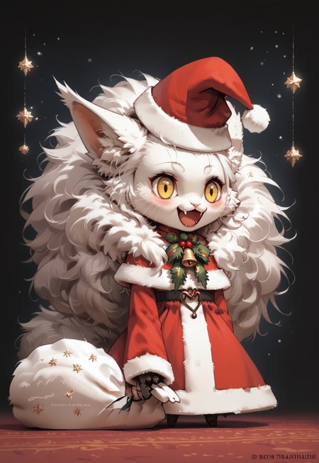 score_9, score_8_up, score_7_up, masterpiece, best quality, zzPadoru, blush, smile, open mouth, meme, holding sack, santa hat, dress,
solo, 1girl, anthro Targath, very fluffy mane, fluffy tail, 