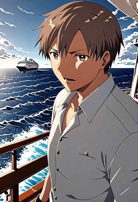 high resolution, solo, best quality, 1Boy, Takaki Toono, Brownish Hair, Brown Eyes, sea, bow cruise ship, stong wind, ocean, OverallDetail