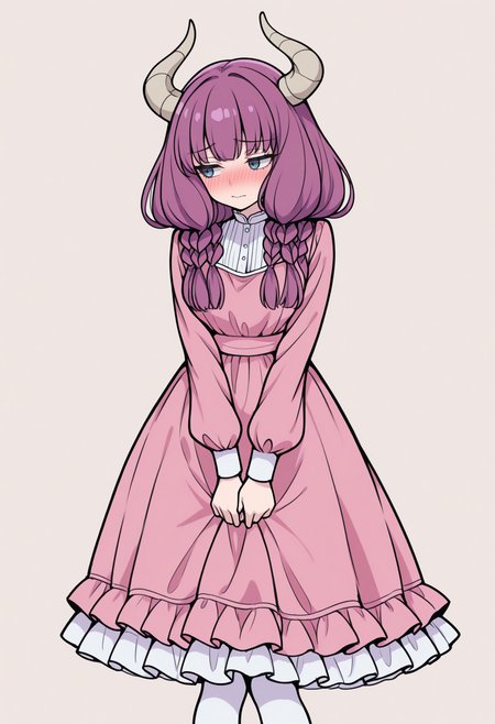 masterpiece, best quality, 1girl, solo, 4ura, purple hair, blue eyes, horns, long hair, twin braids, lineart, sketch, traditional media, flat color, anime coloring, frills, frilled dress, pink dress, long sleeves, frilled skirt, long dress, white pantyhose, pulling own clothes, shy, embarrassed, averting eyes, nose blush, looking to the side, simple background, <lora:ChamAuraIllustriousXL:1>