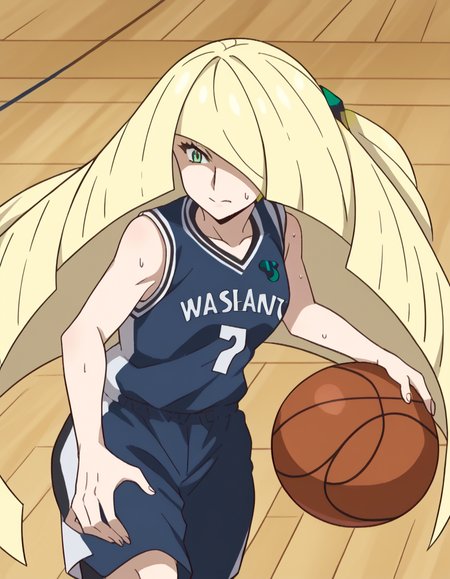 score_9, score_8_up, score_7_up, source_anime, <lora:pokemon-lusamine-anime-ponyxl-lora-nochekaiser:1>, pokemonlusamine, blonde hair, green eyes, hair over one eye, long hair, multicolored hair, streaked hair, very long hair, mature female, <lora:basketball-dribbling-ponyxl-lora-nochekaiser:1> basketball dribbling, dribbling (basketball), basketball, basketball (object), basketball court, playing sports, ball, sweat, steam, running,, <lora:basketball-uniform-ponyxl-lora-nochekaiser:1> basketball uniform, basketball jersery, sportswear, jersey, shorts, sleeveless,, cowboy shot,