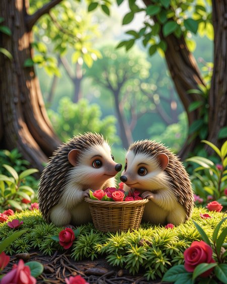 Two hedgehogs sharing a tiny woven basket filled with miniature red roses nestled among soft moss and leaves in a verdant forest underbrush. Their quills are slightly relaxed as they nuzzle each other affectionately. The background has an ethereal mistiness, providing a magical aura to the woodland scene.
