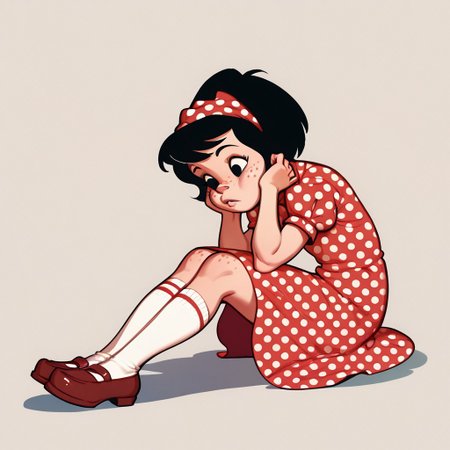 score_9, score_8_up, score_7_up BREAK Yuyito, 1girl, black hair, red polka dot headband, black eyes, freckles, red white polka dot dress, puffed sleeves, white socks, brown mary jane shoes, closeup, face closeup,