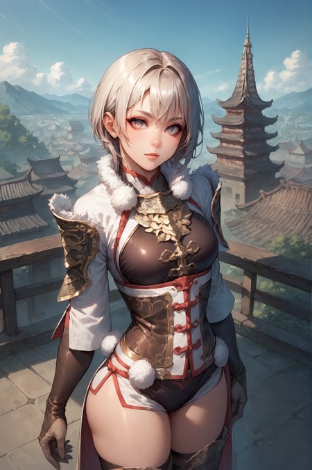 score_9, score_8_up, score_7_up, source anime, She stands with her back to a wall, looking up at the sky.,<lora:Lu_Lingqi_Dynasty_Warriors:0.7>1 girl, solo, short hair, armor, gloves, fur trim, thighhighs, looking at viewer, east asian architecture