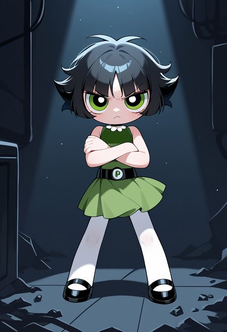 <lora:Powerpuff_Girls-000037:0.8>, 
buttercup \(ppg\), chibi,
black hair, short hair, green eyes, 
expressive eyes,
cold color, volumetric lighting,
BREAk, cartoon, source_cartoon,
green dress, black belt, 
white pantyhose, black shoes,
dark room, 
looking at viewer,
full body, 
1girl,solo,
Annoyed,