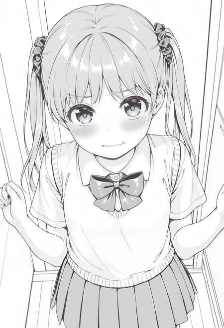 highres, best quality, masterpiece, indoors,
1girl, solo, otomoyki, long hair, twintails, hair scrunchie, flat chest, monochrome, greyscale,
school uniform, bowtie, short sleeves, shirt, vest, pleated skirt, skirt,
looking at viewer, blush, embarrassed,
hands up, wavy mouth, from above,
<lora:_yuki_otoomo-elesico-ilxlD:1>