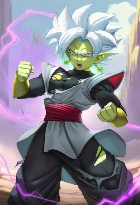 masterpiece, best quality, newest, outdoors, mountain, 1boy, male focus, solo, fused zamasu, colored skin, green skin, spiked hair, short hair, white hair, parted bangs, super saiyan, pointy ears, potara earrings, yellow earrings, grey eyes, black shirt, long sleeves, shirt under tunic, grey tunic, shoulder pads, red trim, gold button, black pants, red sash, baggy pants, black pants, purple aura, purple energy, energy overflow, aura overflow, glowing, floating hair, electricity, powering up, fighting stance, clenched hands, shouting, angry, torn clothes, torn pants, torn shirt <lora:Elitenappa Illustrious:1>