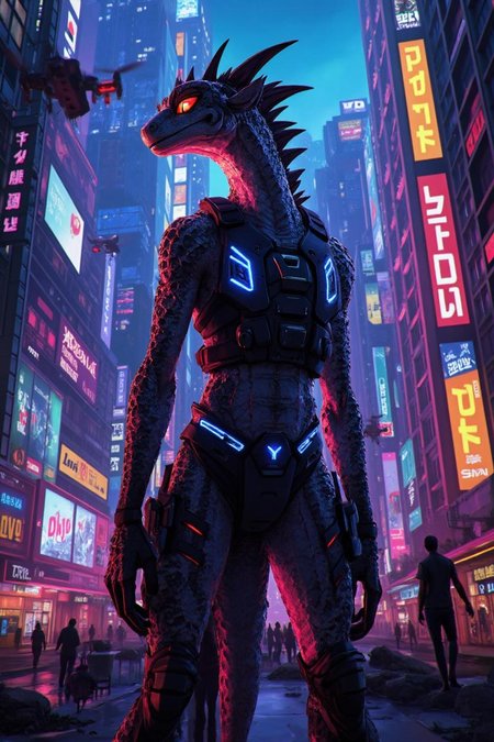 <lora:ck-LttleGhost-000011.safetensors:1> in the style of ck-lttlegh0st
In the heart of a neon-lit cyberpunk metropolis, a towering, life-sized anthropomorphic lizard figure stands as a striking centerpiece in a bustling urban plaza. The figure's intricate scales catch the vibrant glow of the city's holographic billboards, casting a mesmerizing play of colors across its armored form. Its menacing, glowing orange eye pierces through the kaleidoscope of neon lights, adding a sense of ominous presence.
The lizard warrior is clad in a heavily armed tactical vest, adorned with digital blue accents that pulse rhythmically with the city's energy. Its spiked protrusions, along the back and shoulders, glisten under the artificial glow, giving it a fierce and otherworldly appearance. The figure's battle-worn texture and high-resolution details make it a stand-out piece, capturing the essence of a dystopian future.
Around the figure, the cityscape rises in sleek, high-tech buildings made of glass and steel, with vertical gardens and floating drones adding to the sense of verticality and advanced technology. Holographic advertisements and neon signs in a cacophony of bold colors highlight the architectural features, creating a dynamic visual experience. Despite the gleaming tech, signs of urban decay are evident in the form of abandoned buildings, graffiti, and neglected areas, reflecting the social and economic disparities of this futuristic world.
This immersive, high-quality figure is a perfect addition to any sci-fi collection, ideal for display, cosplay, or themed events. It embodies the unique and fierce look of a cyberpunk warrior, seamlessly blending into the vibrant, neon-lit metropolis.