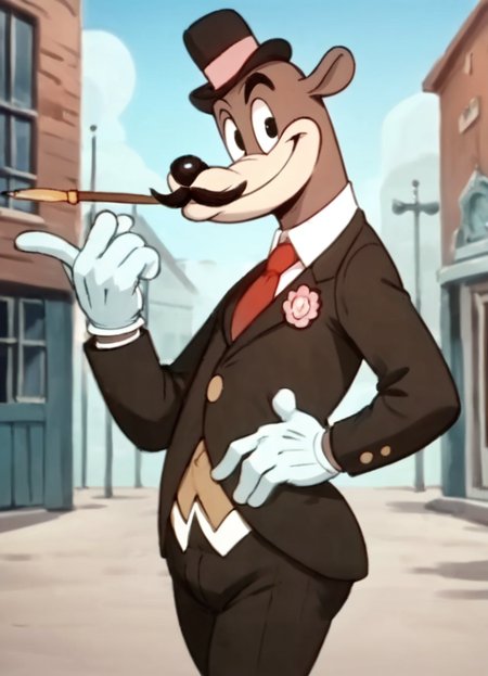 <lora:Honestjohngusherpony1.0:0.5> honest john gusher, smile, solo, 1boy, male focus, hat, suit, gloves, furry male, mustache, necktie, standing, score_9, score_8_up, score_7_up, score_6_up, score_5_up, score_4_up, looking at viewer, hand on own hip, cowboy shot,