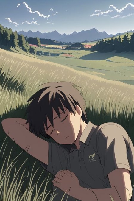 high resolution, solo, best quality, 1Boy, Takaki Toono, Brownish Hair, Brown Eyes, sleep, nap, grass, meadow hills, wind breeze, OverallDetail