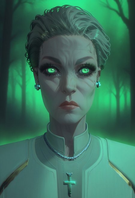 score_9, score_8_up, score_7_up,
GLSHS, a girl with long hair and glowing green eyes in a forest with trees, green theme, long eyelashes, cross necklace, straight hair, bangs, black dress, ear piercing, cross earrings,Rosalind Myers