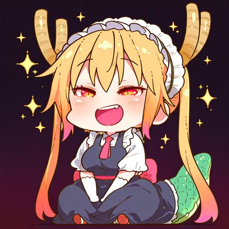 masterpiece, best quality, simple illustration, Tohru, Tohru_(Maidragon) , full body, solo, dark background, sparkles, vivid colors,  tail ,happy, sitting, Main Outfit, looking to viewer, laughing, chibi, CuteChibi_ST, CTCB_ST