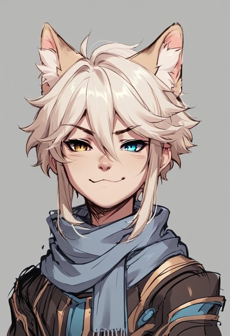 score_9 , score_8 , score_7 , score_6_up, 1boy, cat boy, neko, white hair, blonde streaks, short hair, one blue eye, one cat eye, smug expression, looking at viewer, hair in between eyes, sketch, view from the side, long bangs, ear fluff, simple clothes, fantasy, bargy, femboy, (heterochromia), simple background, scarf,