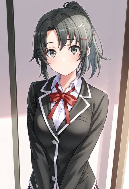 1girl, oregairumeguri, black hair, ponytail, black eyes, sobu high school uniform, blazer, looking at viewer, cute, <lora:Meguri_ill_v1:1>, masterpiece, best quality, high quality, detailed, absurdres