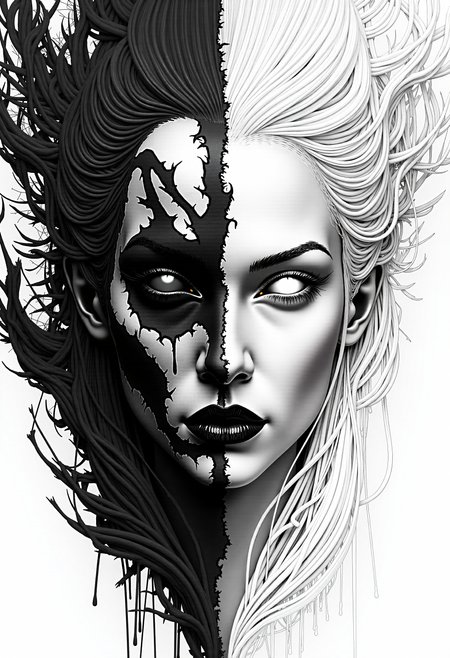 A portrait of a Hel's face, the ruler of Helheim. The face is divided into two halves. The left side of the face is dark, with signs of death and decay, with lifeless looking skin and a blind dark eye, without pupil and iris. Hard bones under broken skin. The right half of the face is of unearthly beauty, with flawless, radiant skin and a white eye without pupil and iris. The transition between the two halves of the face is fluid, unobtrusive and symbolizes the brief moment between life and death. The picture is in a monochromatic scheme, mainly with shades of black, white and gray. concept art, concept design, digital art, digital painting, matte painting