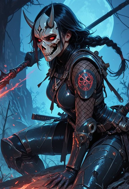 (masterpiece), (best quality), (8k), 1girl, cinematic lighting, dynamic action pose, highres, very detailed, amazing quality, masterpiece,
very aesthetic, intense,
particle effect,
1girl, samurai, solo, braided hair, layered armor, bodysuit, tight clothing, fishnets, sleeveless, futuristic armor, runic symbols etched in armor, armored legs, full mask, skull mask, katana, red eyes,
assassin theme, japan theme,
looking at viewer, tough pose, holding spear,
mountains, 
at night, night, close up, closeup,