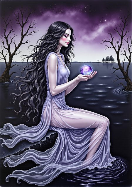 This is a surreal watercolor painting that captures the delicate balance between beauty and darkness. A breathtaking woman with flowing, ink-black hair, interwoven with shimmering silver strands, sits at the edge of a mist-covered, obsidian lake. Her long, ethereal gown, made of swirling shadows and delicate translucent fabric, cascades into the water, merging with the dark ripples. In her pale, elegant hands, she cradles an orb that glows faintly with a ghostly, blue lightâits ethereal energy warping the reality around her.
The sky above is an abstract blend of deep purples and sickly greens, where faint stars blink in and out of existence. Twisted, skeletal trees line the distant horizon, their branches curling unnaturally toward the heavens, while faint reflections of lost souls shimmer on the lakeâs surface. Her serene face holds a quiet smile, but her glowing violet eyes reflect the power and void she commands, as strange, shadowy tendrils rise from the water around her, like forgotten spirits drawn to her presence.