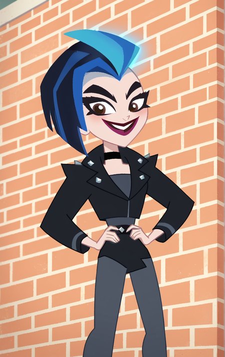 ((score_9)), score_8_up, ((high quality)), ((masterpiece)) BREAK
  DCSG Style, LeslieW, LeslieW normal, piercing, black jacket, multicolored hair, choker, two-tone hair, short hair, brown eyes, blue hair, good hands, good anatomy, five fingered hands, brick wall, evil smile, hands on hips, (dynamic angle)<lora:DC_Superhero_Girls_2019:0.8>,<lora:pony_good_hands:0.8>